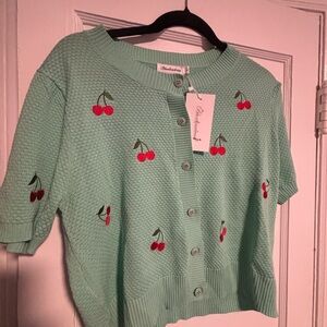 Cute Cherry-Embroidered Mint Short-Sleeve Cardigan